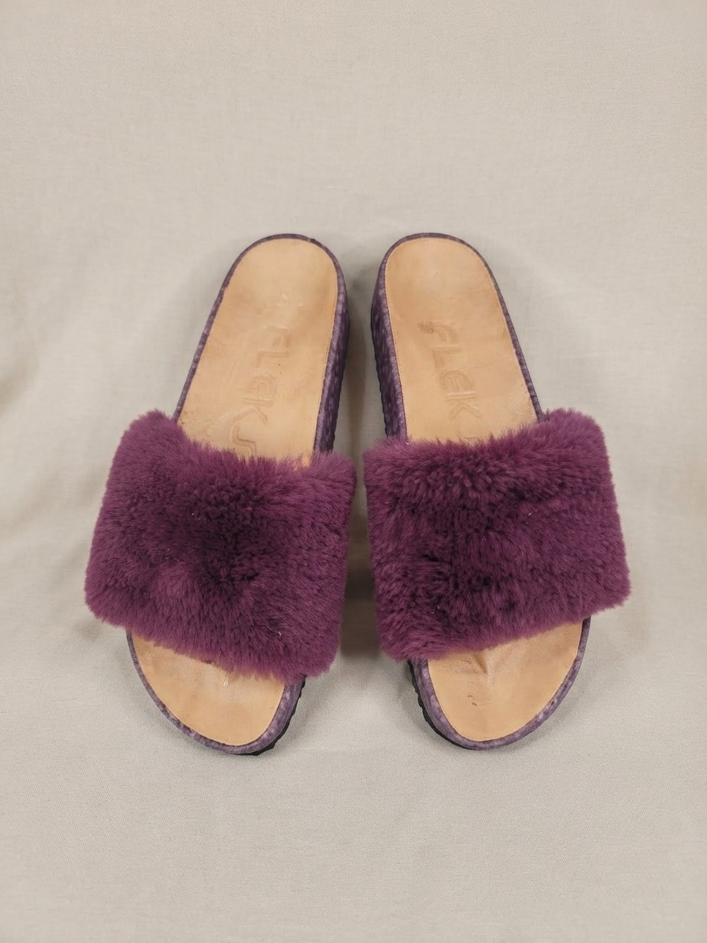 FLEKS San Ysidro Fig Purple Faux Fur Slide Sandals Cork Footbed Size 9 EUC